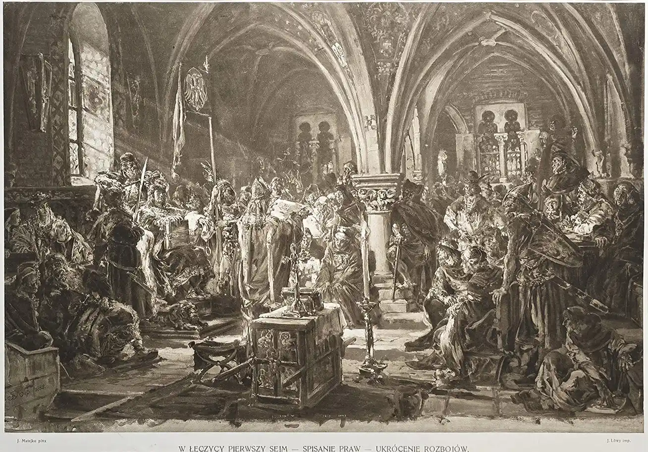 Zdjęcie obrazu Jan Matejko - W Łęczycy Pierwszy Sejm - Spisanie Praw - Ukrócenie Rozbojów - Jan Matejko. Foksal17 - Galeria Sztuki w Warszawie.